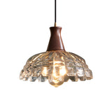 Retro Blossom Glass Pendant Light with Walnut Wooden Handle and Brass Accents Hanging Fixture