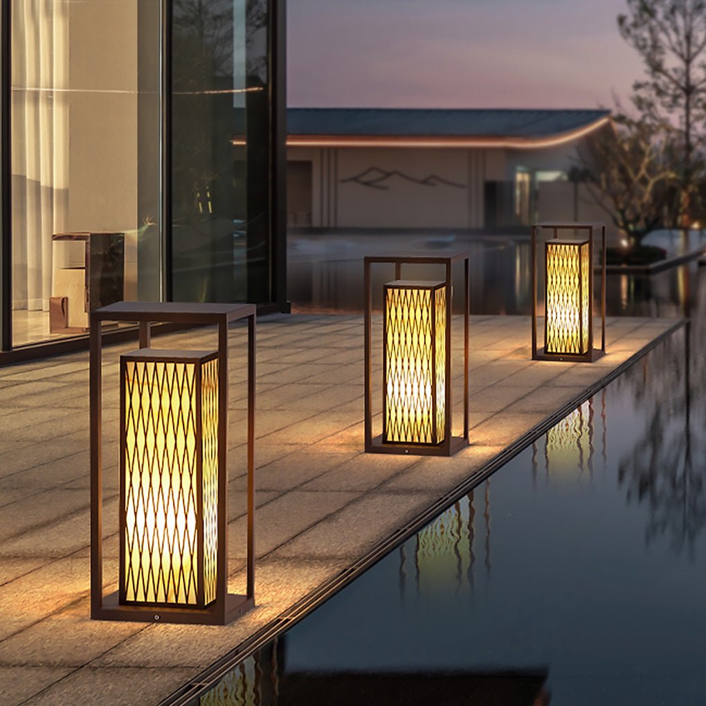Retro Brown Asian Style Waterproof Outdoor Landscape Lantern Stainless Steel Courtyard Pillar Light