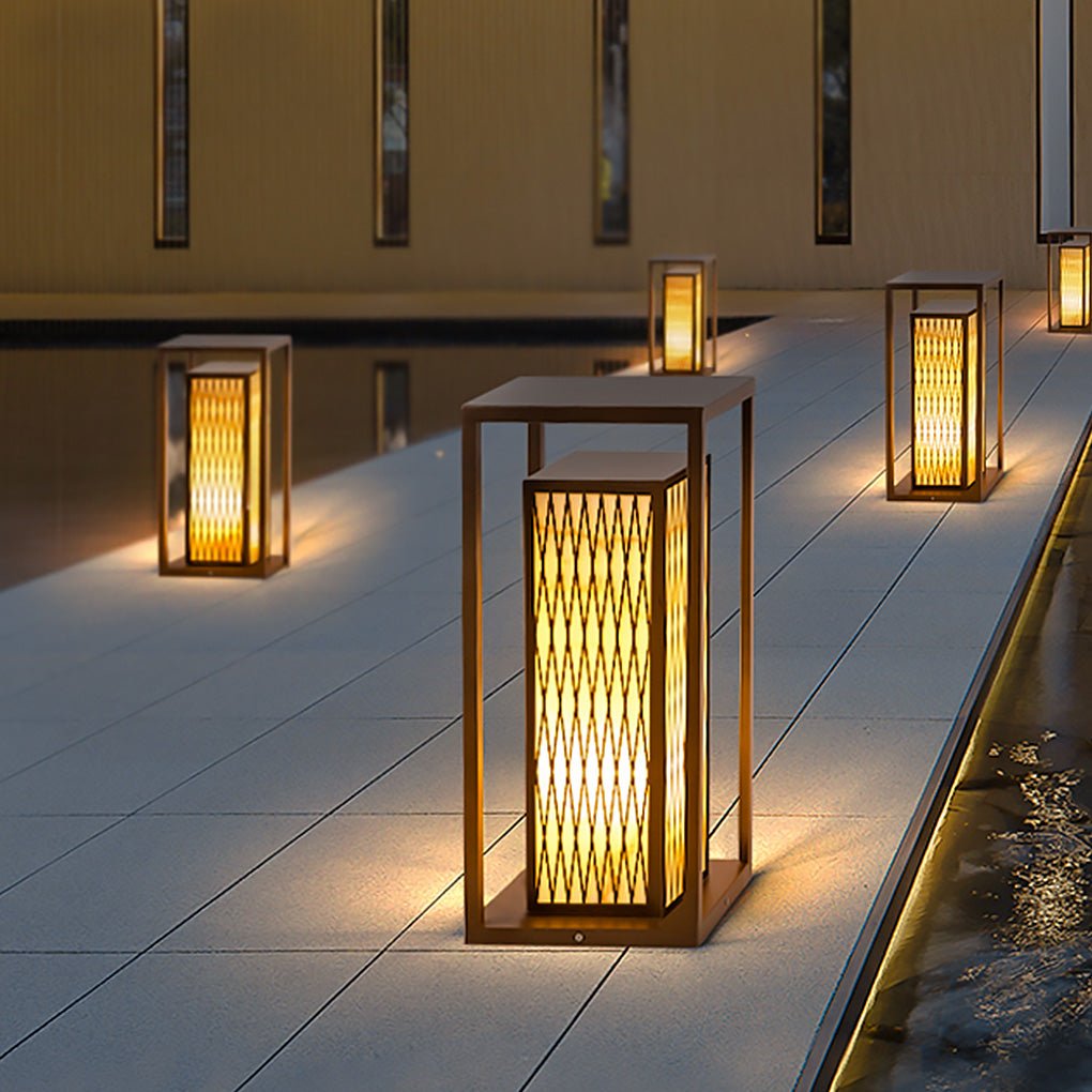 Retro Brown Asian Style Waterproof Outdoor Landscape Lantern Stainless Steel Courtyard Pillar Light