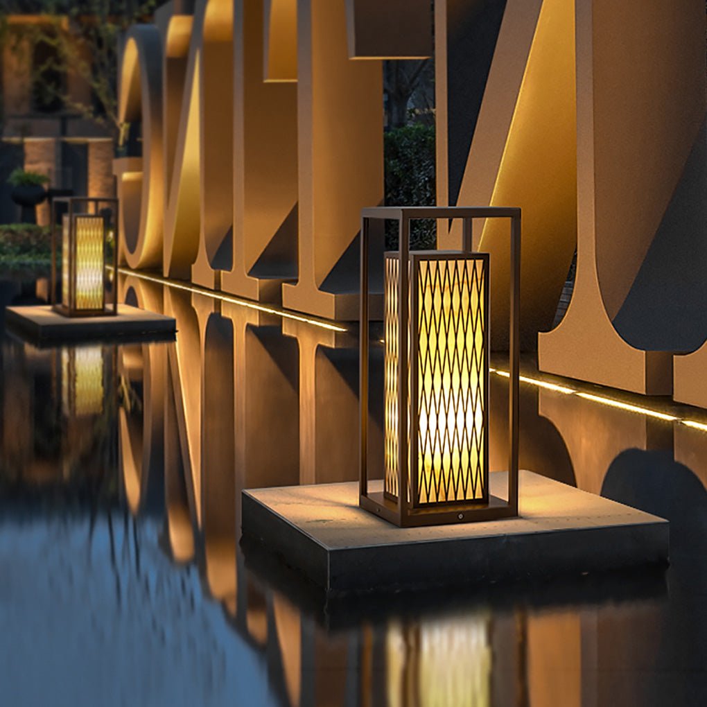 Retro Brown Asian Style Waterproof Outdoor Landscape Lantern Stainless Steel Courtyard Pillar Light