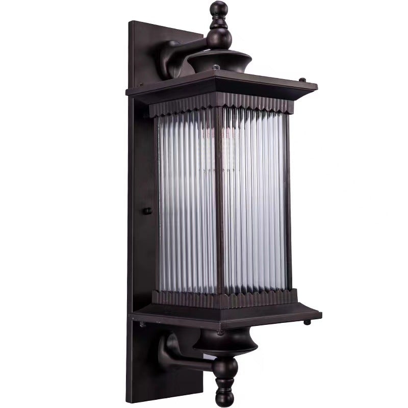 Retro Brown Solar Outdoor Wall Sconce with Striped Glass Shade for Garden Decor