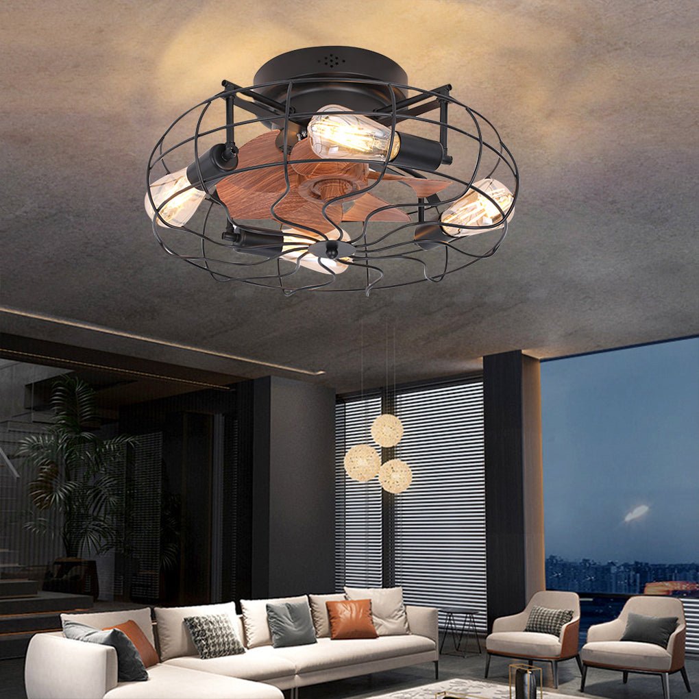 Industrial Cage Ceiling Fan with Light and Remote Control 18 Inch Retro Flush Mount Fan Light