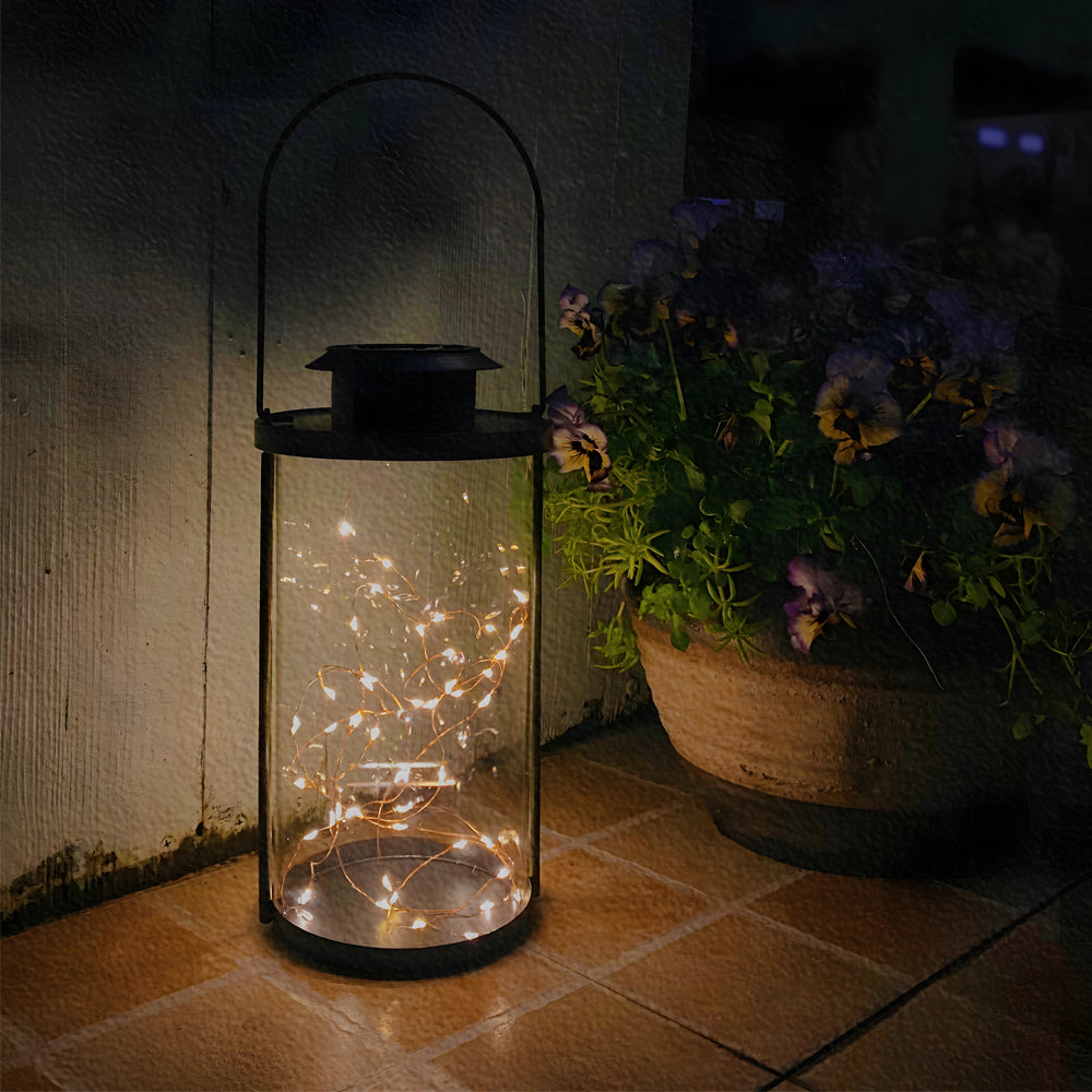Retro Glass Cylinder Solar Lanterns with 50 LED Firefly Lights for Outdoor Garden and Patio Decor