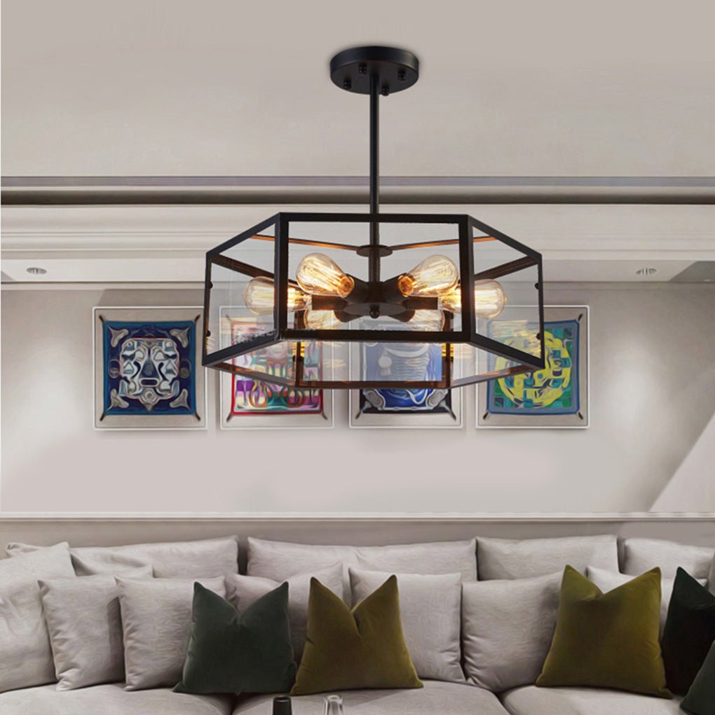 Retro Industrial Geometric Hexagonal Glass Flush Mount LED Ceiling Light for Living Room and Cafe