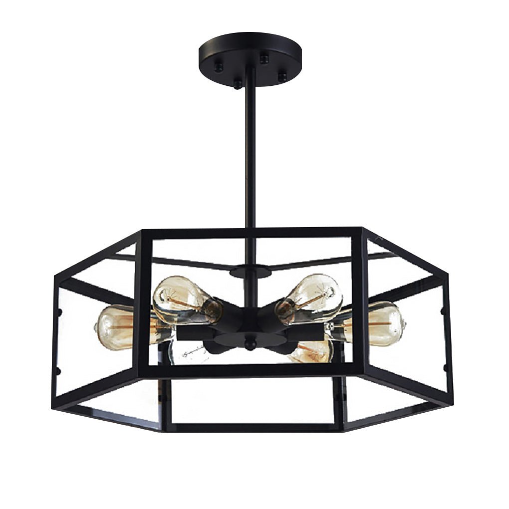 Retro Industrial Geometric Hexagonal Glass Flush Mount LED Ceiling Light for Living Room and Cafe