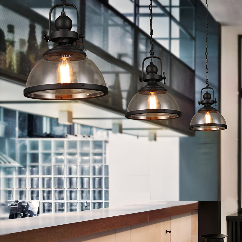 Retro Industrial Glass Bowl Pendant Light Antique Iron Hanging Ceiling Lamp for Kitchen Island