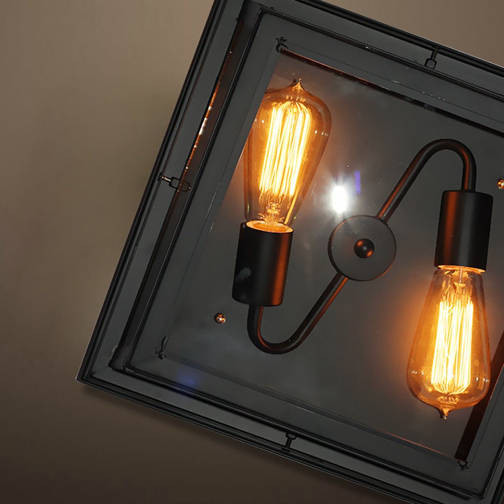 Retro Industrial Double Head LED Ceiling Light with Square Glass Shade for Hallway Balcony