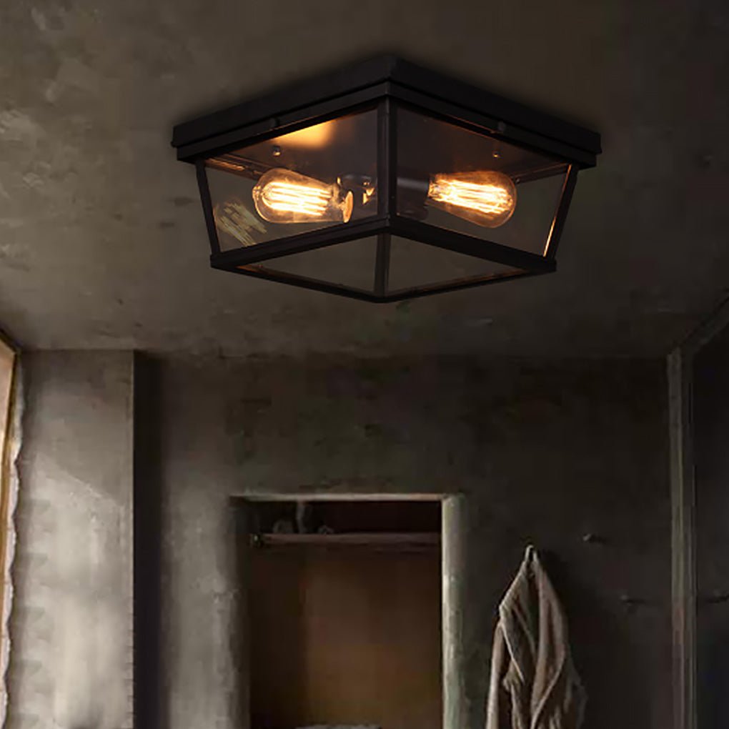 Retro Industrial Double Head LED Ceiling Light with Square Glass Shade for Hallway Balcony