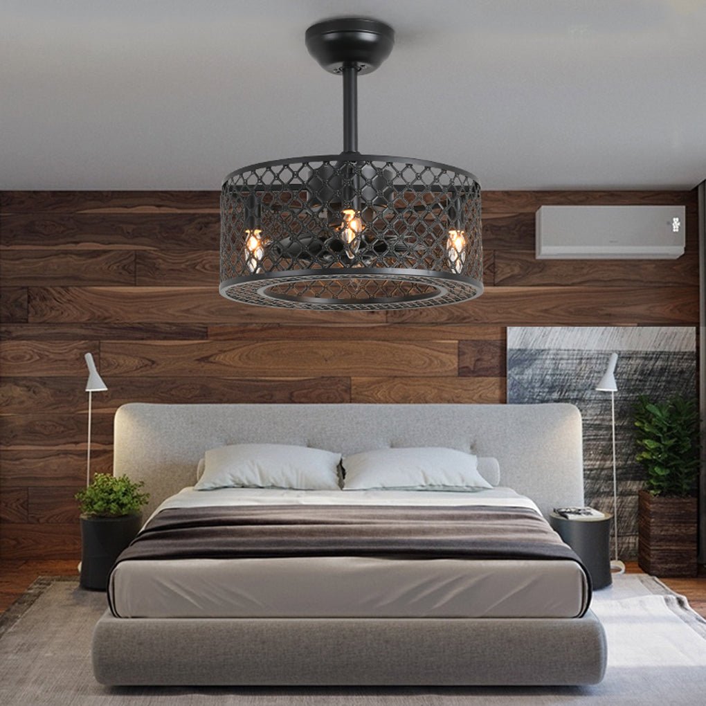 Vintage Industrial Black Iron Ceiling Fan with Remote Control Cage Fandelier for Bedroom and Living Room