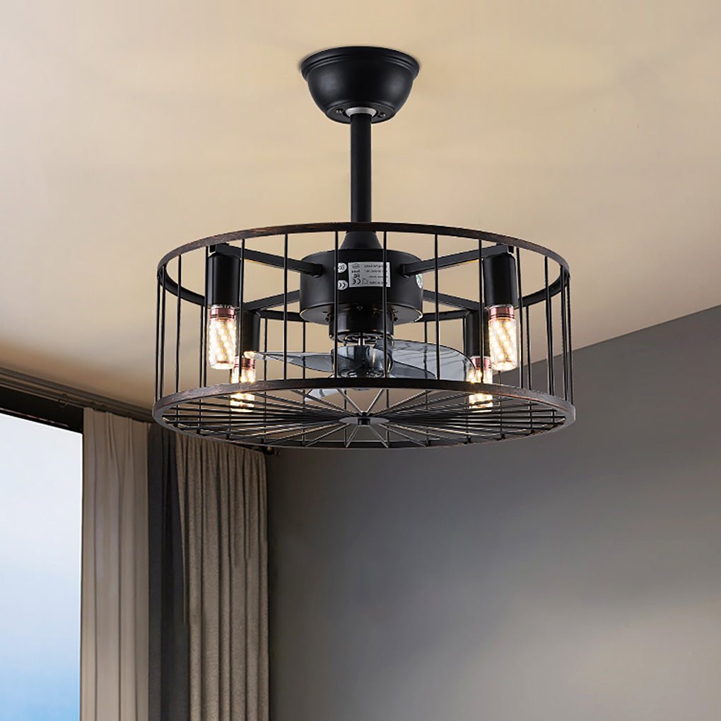 Vintage Industrial Cage Bladeless Ceiling Fan with Light and Remote Control 18 Inch Mute Fan