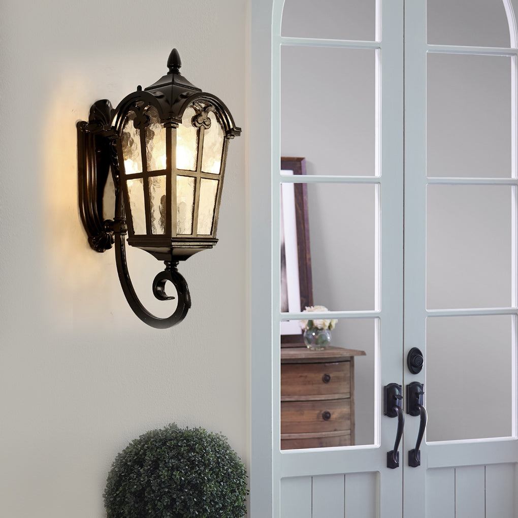 Retro Lantern Style Exterior Wall Lamp Waterproof Black Aluminum Outdoor Plug In Sconce