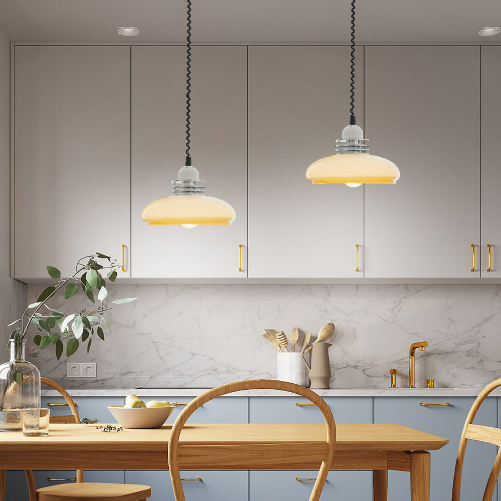 Retro Nordic Round Cream Glass Pendant Light with 3 Step Dimming for Dining Room