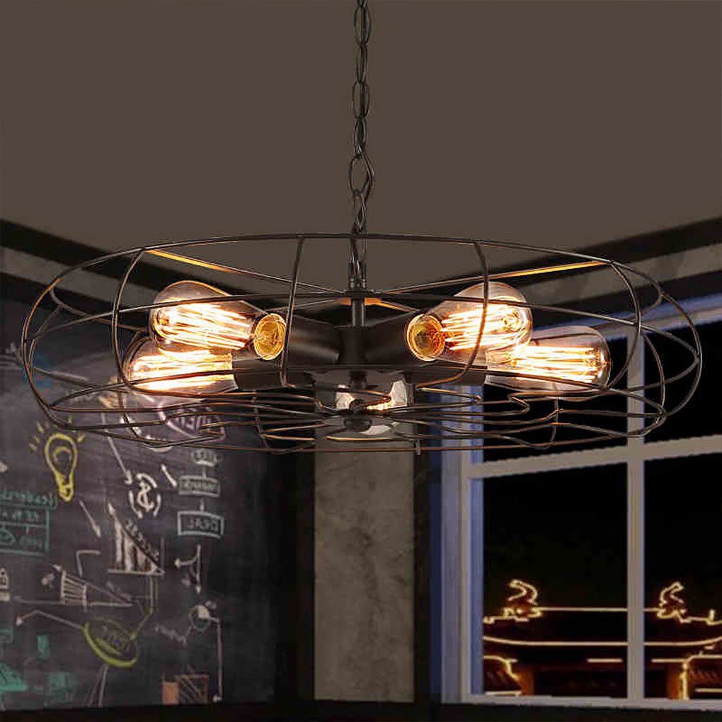 Vintage Industrial Cage Ceiling Fan Light Retro Iron Chandelier for Dining Room and Cafe