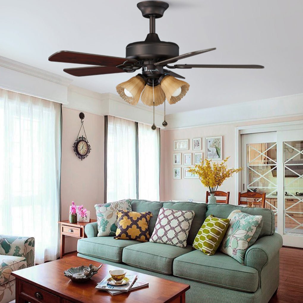 42 Inch Vintage Wood Blade Ceiling Fan with Quiet Copper Motor and 3 Light Chandelier Lighting