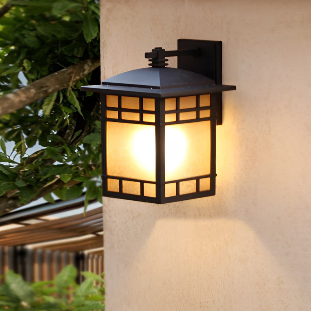 Retro Square Exterior Wall Light Amber Glass Waterproof Aluminum Sconce for Patio Balcony