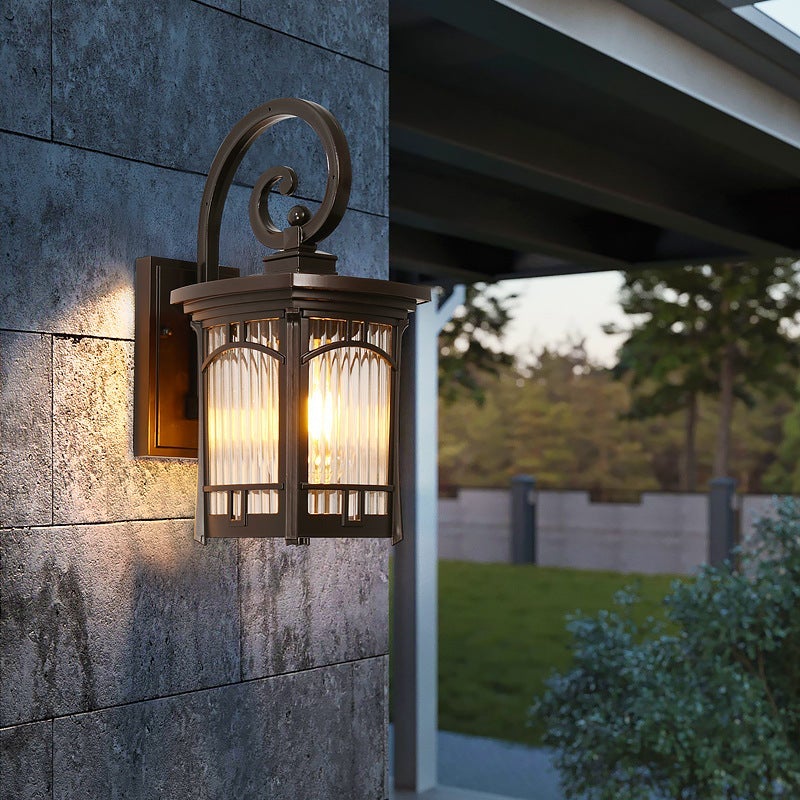 Retro Striped Glass Outdoor Wall Lantern Waterproof Die Cast Aluminum Exterior Light Sconce for Patio and Garden