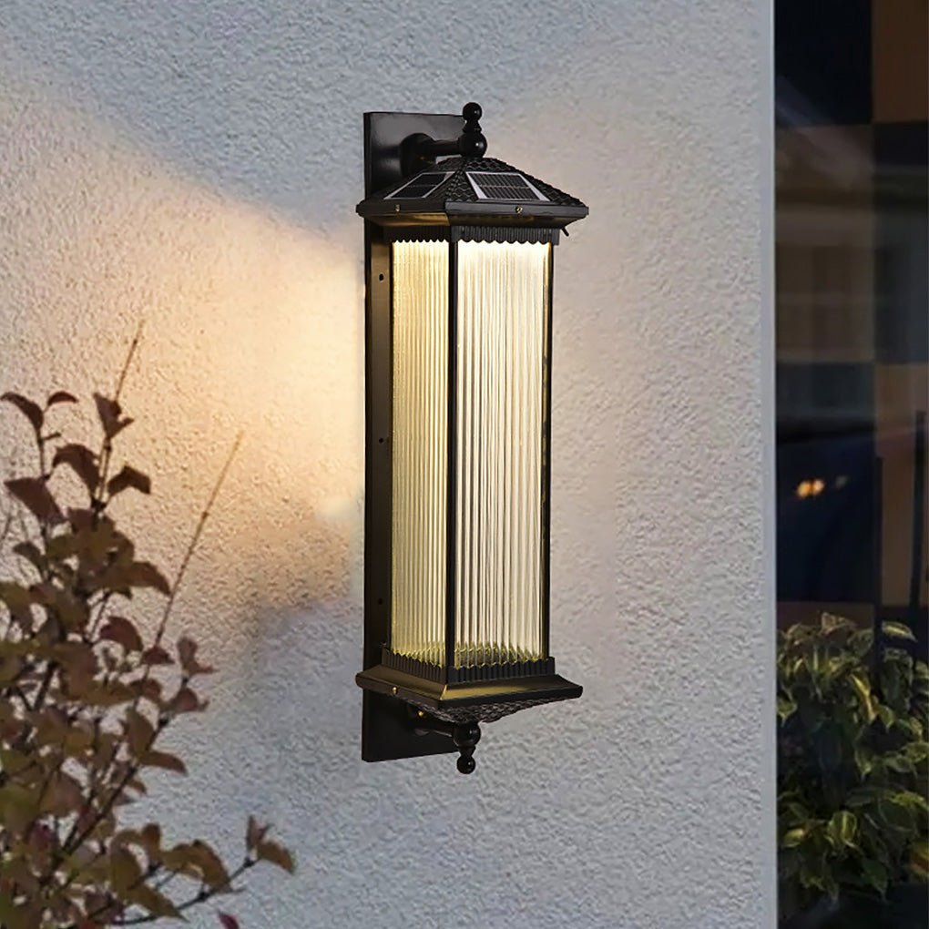 Retro Striped Glass Shade Outdoor Solar Garden Lights IP55 Waterproof Landscape Post Lamp