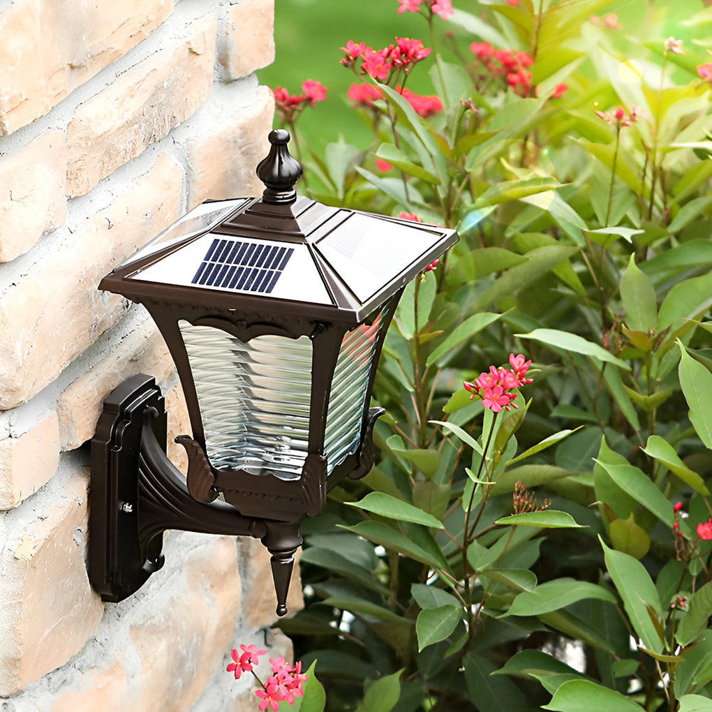 Retro Striped Glass Solar Powered Outdoor Wall Light Waterproof Black LED Exterior Sconce
