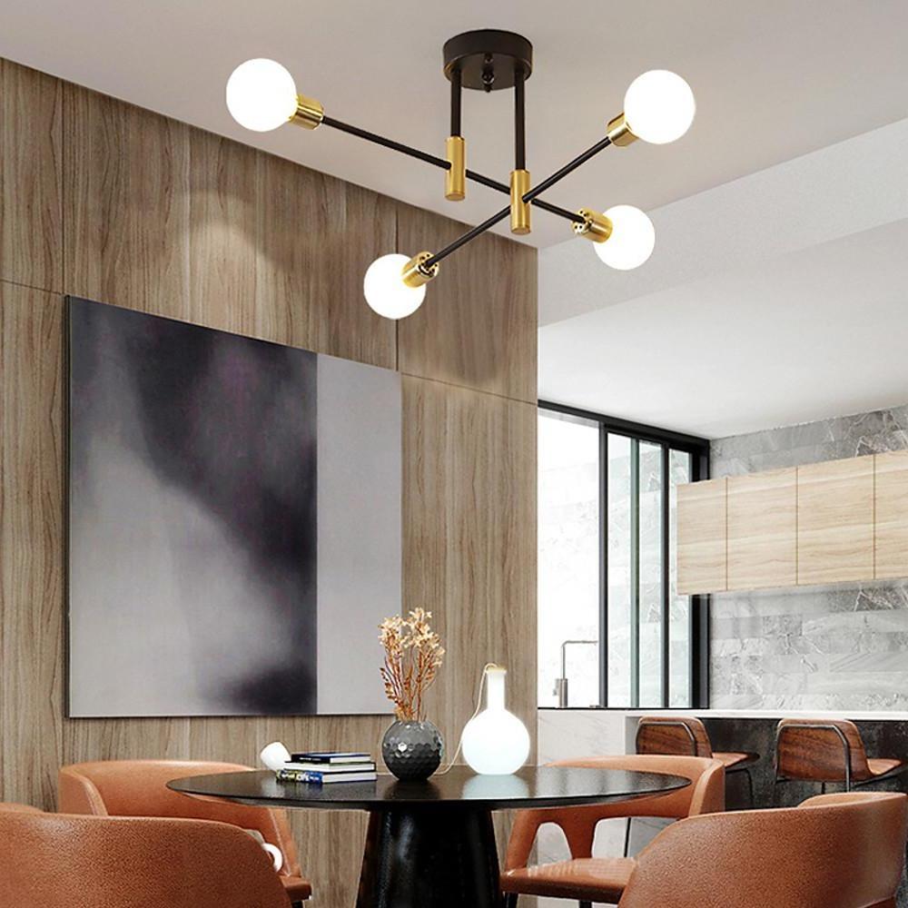 Modern 4 Light Semi Flush Mount Ceiling Light with Adjustable Arms in Black and Gold Brass
