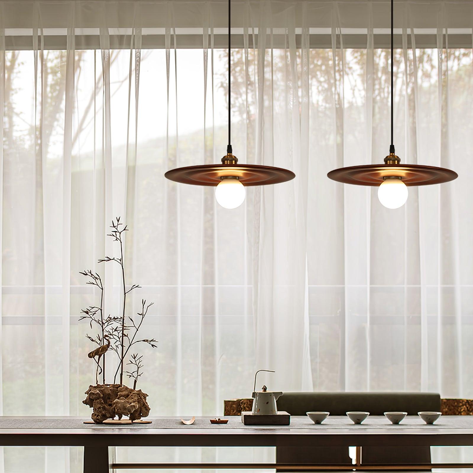 Ripplewood Glass Dome Pendant Lighting with Walnut Wood Accents and Brass Details