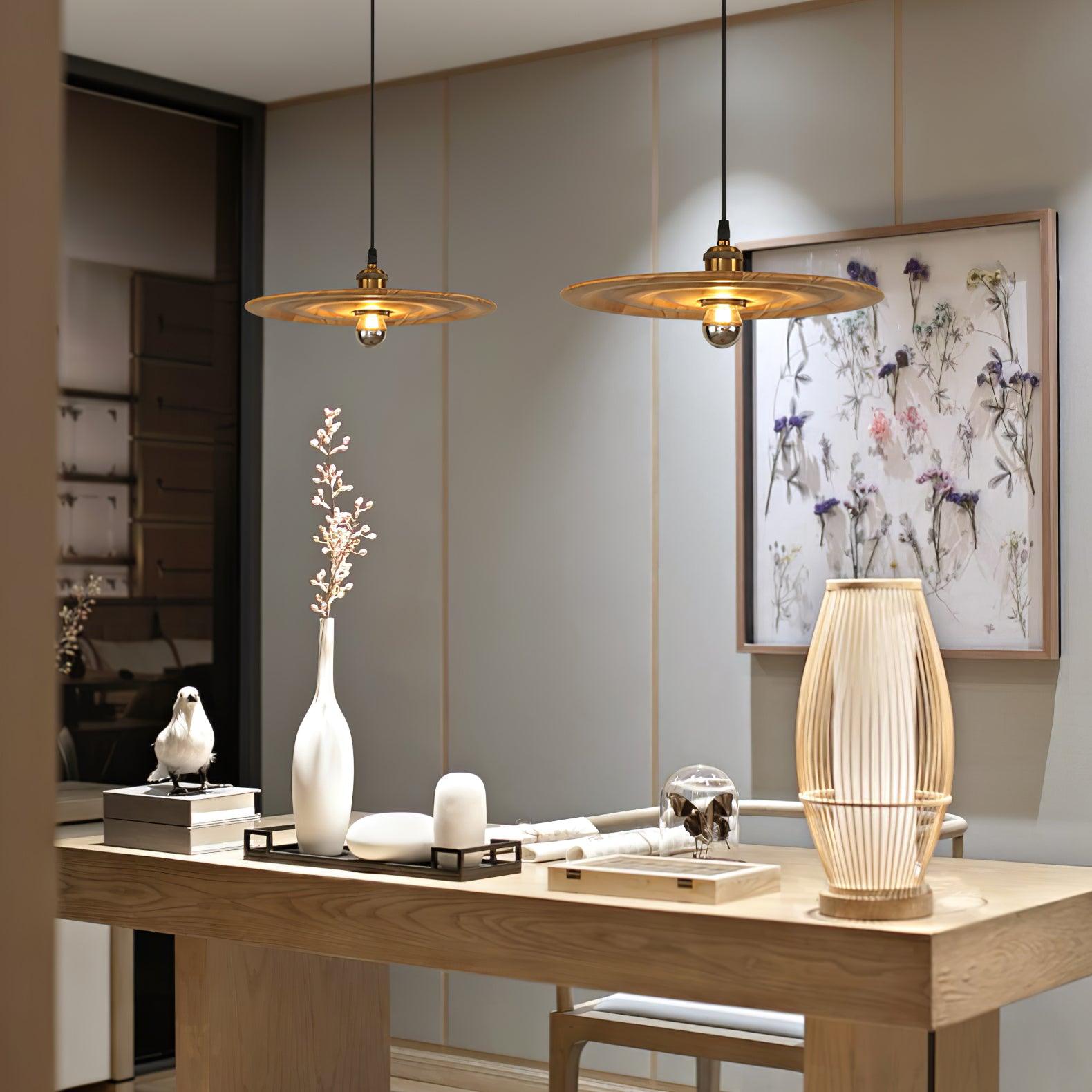 Ripplewood Glass Dome Pendant Lighting with Walnut Wood Accents and Brass Details