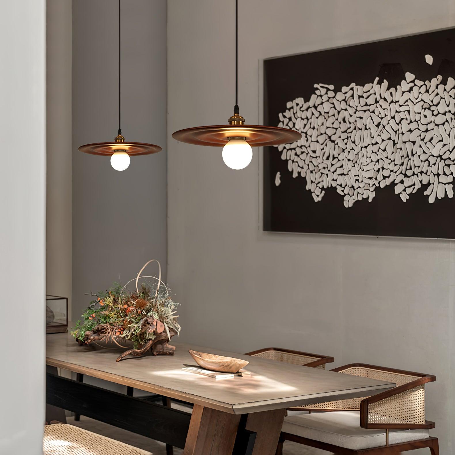 Ripplewood Glass Dome Pendant Lighting with Walnut Wood Accents and Brass Details