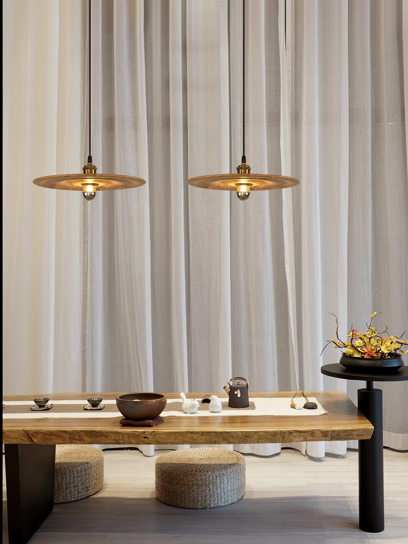 Ripplewood Glass Dome Pendant Lighting with Walnut Wood Accents and Brass Details