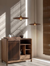 Ripplewood Glass Dome Pendant Lighting with Walnut Wood Accents and Brass Details