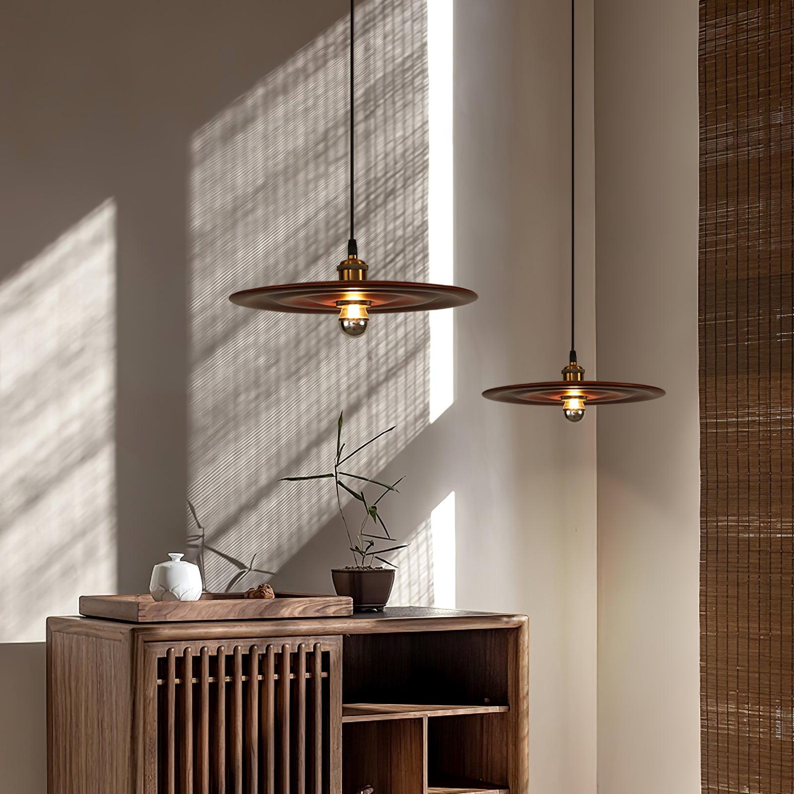 Ripplewood Glass Dome Pendant Lighting with Walnut Wood Accents and Brass Details