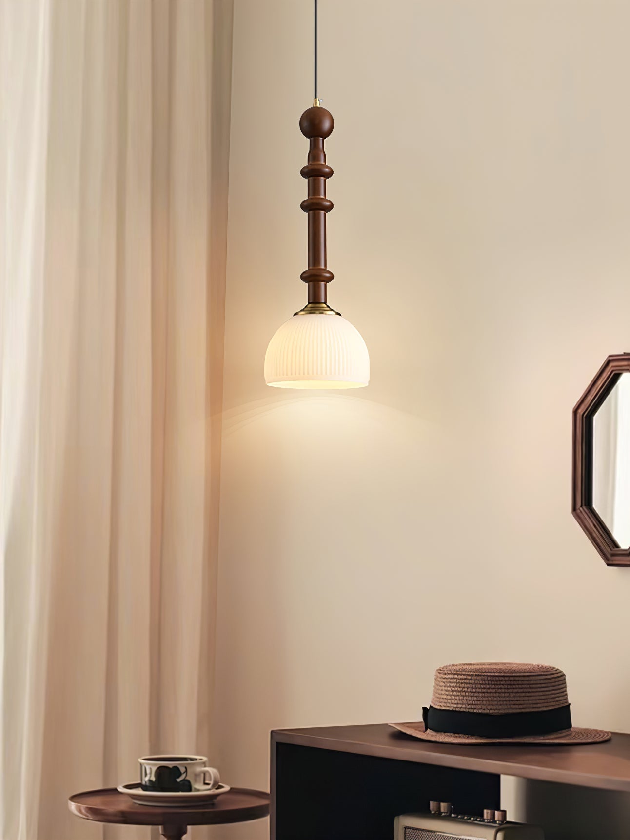 Roma French Vintage Wood and Metal Drop Pendant Lamp with Glass Shade