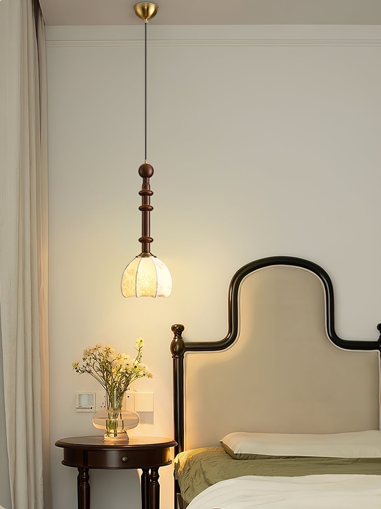 Roma French Vintage Wood and Metal Drop Pendant Lamp with Glass Shade
