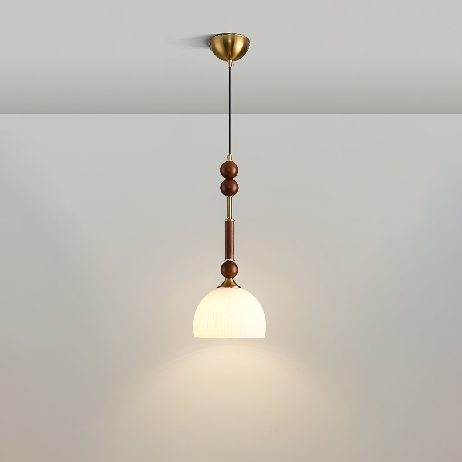 Roma French Vintage Wood and Metal Drop Pendant Lamp with Glass Shade