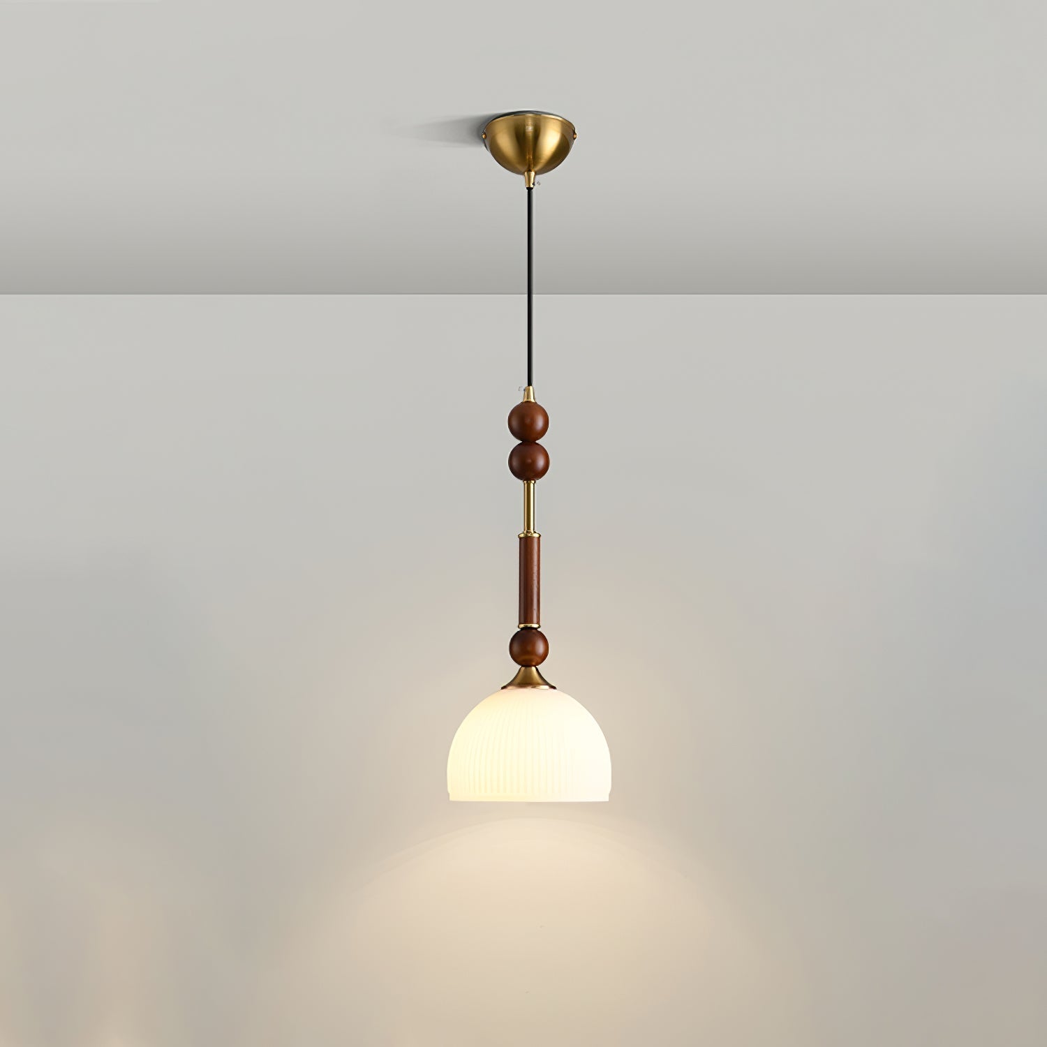 Roma French Vintage Wood and Metal Drop Pendant Lamp with Glass Shade