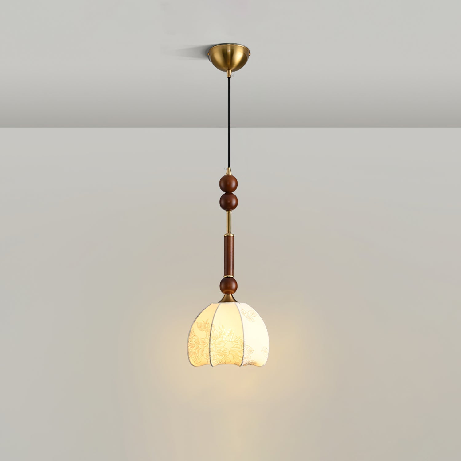 Roma French Vintage Wood and Metal Drop Pendant Lamp with Glass Shade