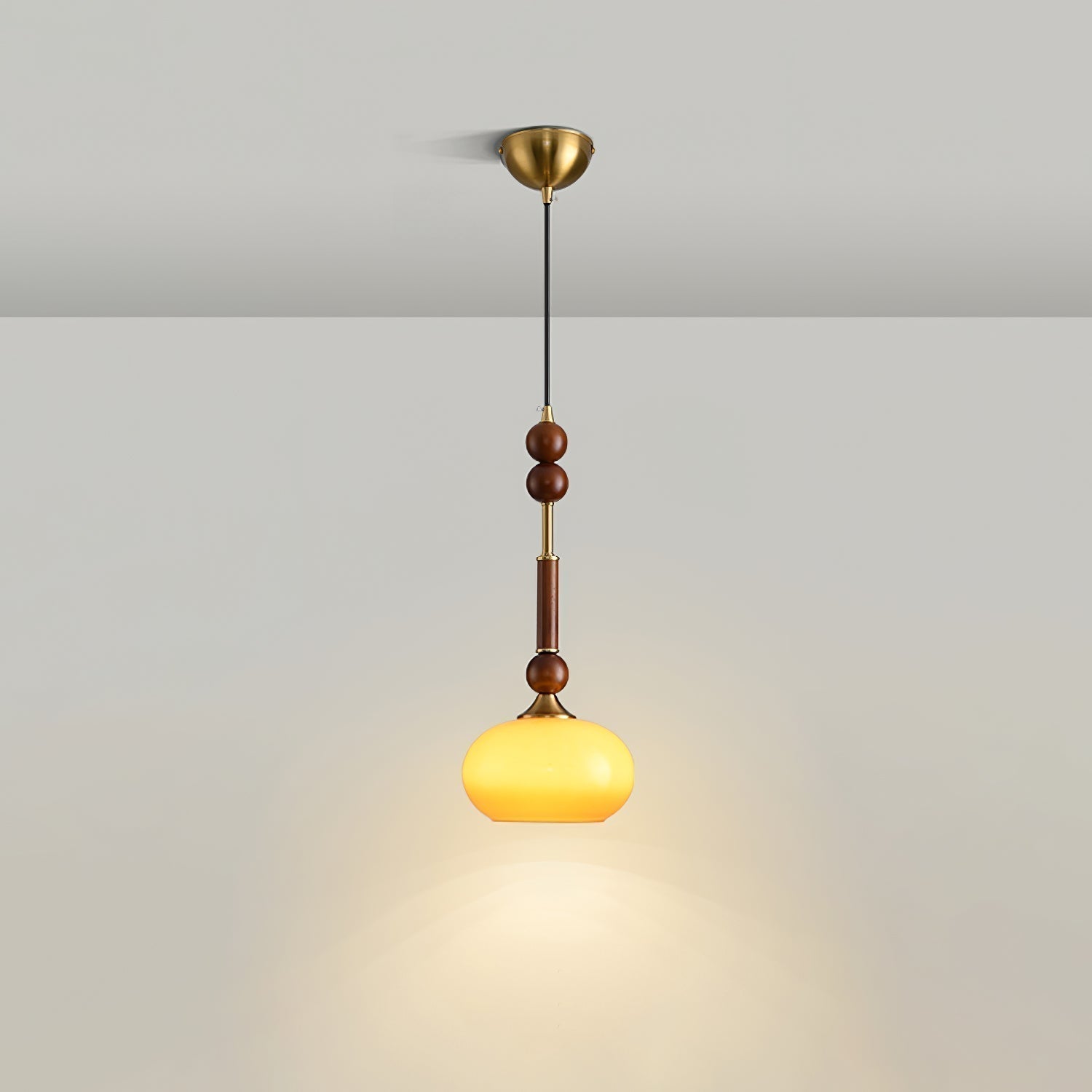 Roma French Vintage Wood and Metal Drop Pendant Lamp with Glass Shade