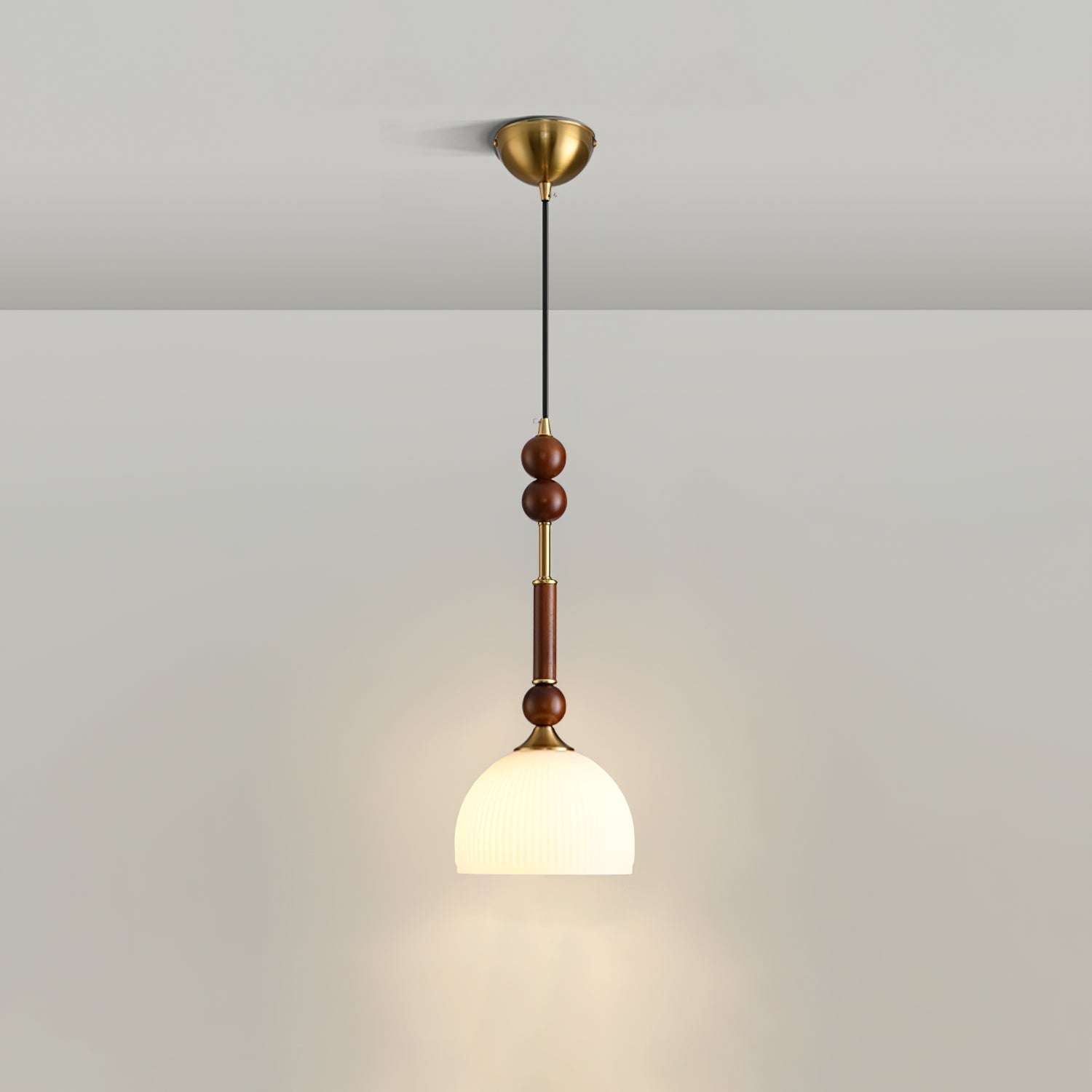 Roma French Vintage Wood and Metal Drop Pendant Lamp with Glass Shade