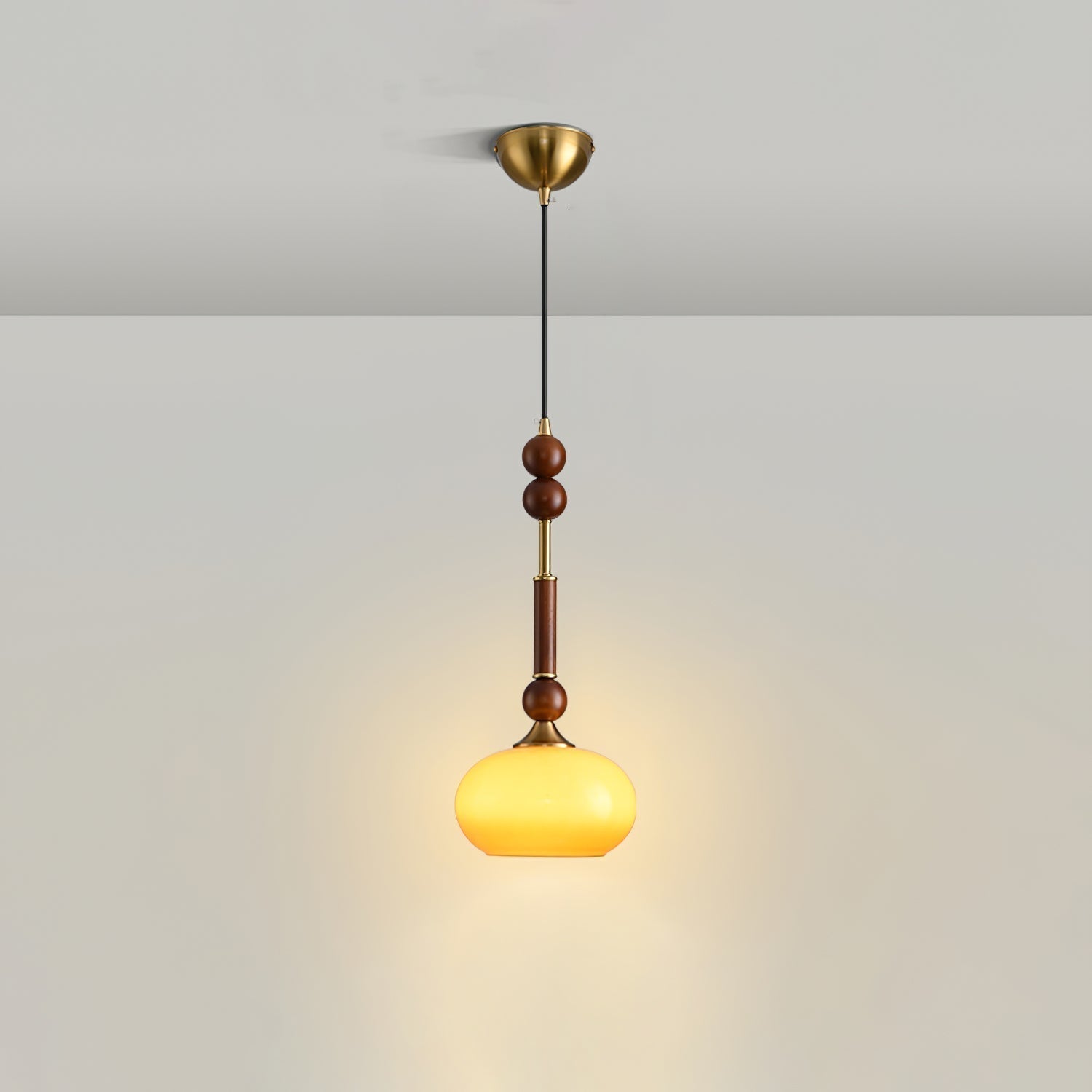 Roma French Vintage Wood and Metal Drop Pendant Lamp with Glass Shade