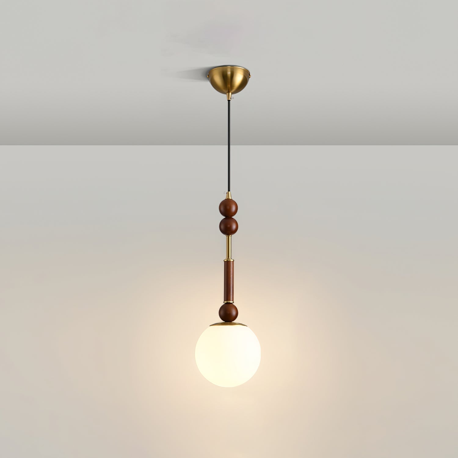 Roma French Vintage Wood and Metal Drop Pendant Lamp with Glass Shade