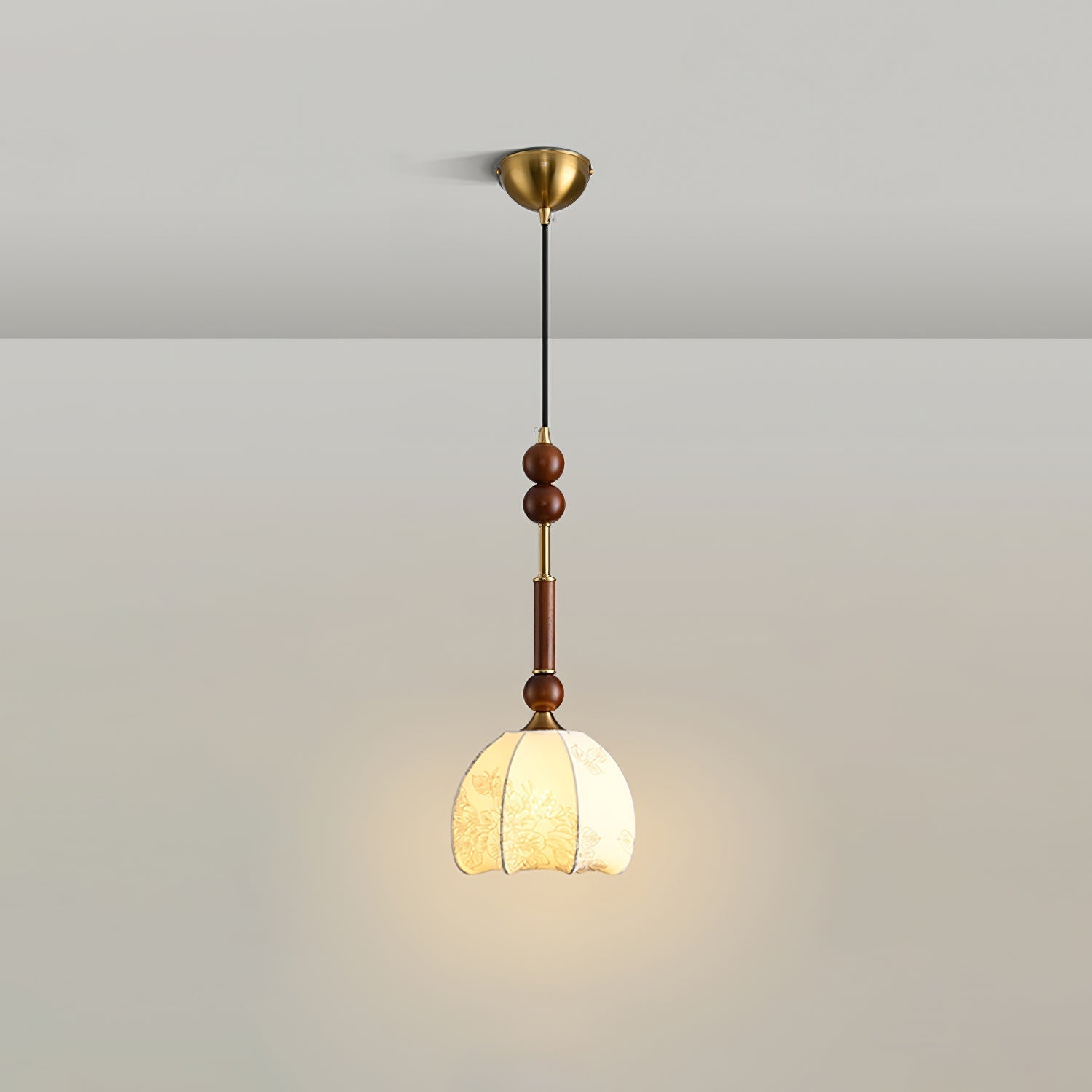 Roma French Vintage Wood and Metal Drop Pendant Lamp with Glass Shade