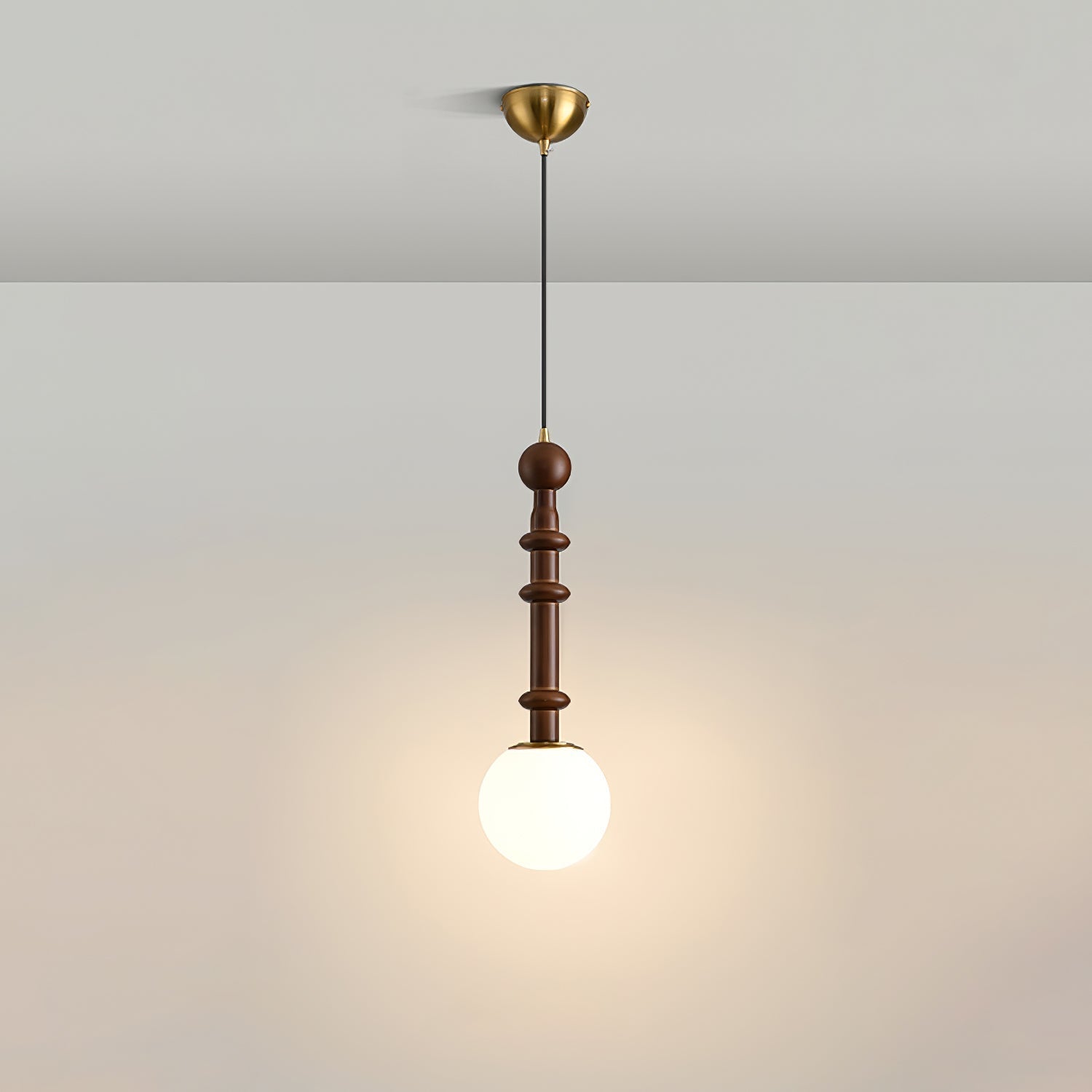 Roma French Vintage Wood and Metal Drop Pendant Lamp with Glass Shade