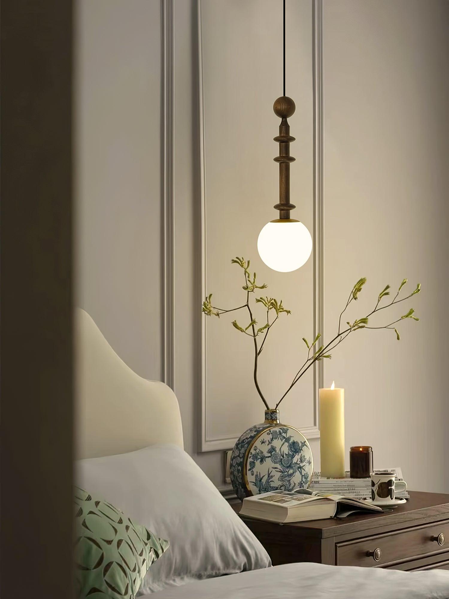 Roman Column Walnut Wood and Glass Small Pendant Light for Modern Interior Decor
