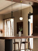Roman Column Walnut Wood and Glass Small Pendant Light for Modern Interior Decor