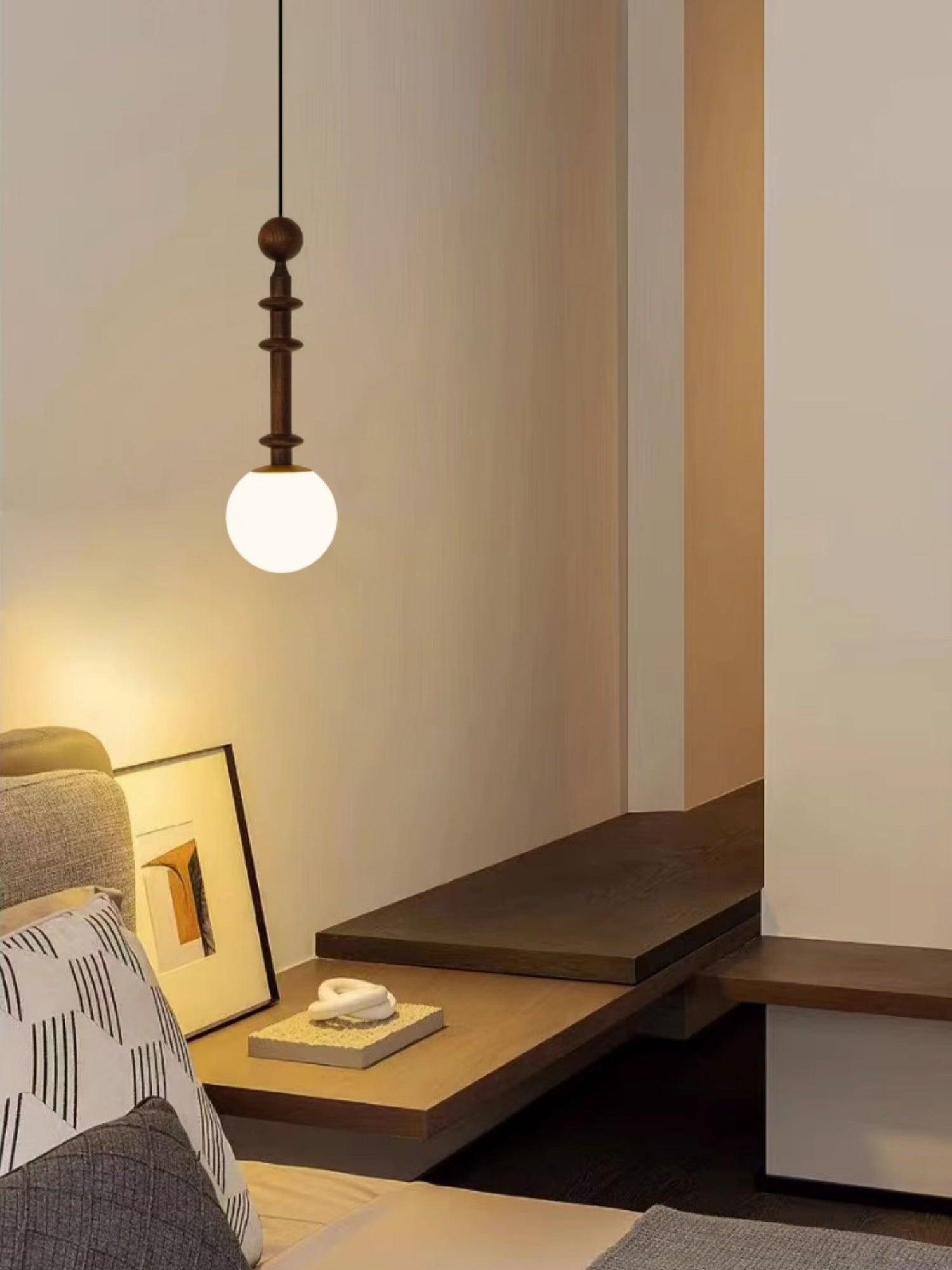 Roman Column Walnut Wood and Glass Small Pendant Light for Modern Interior Decor