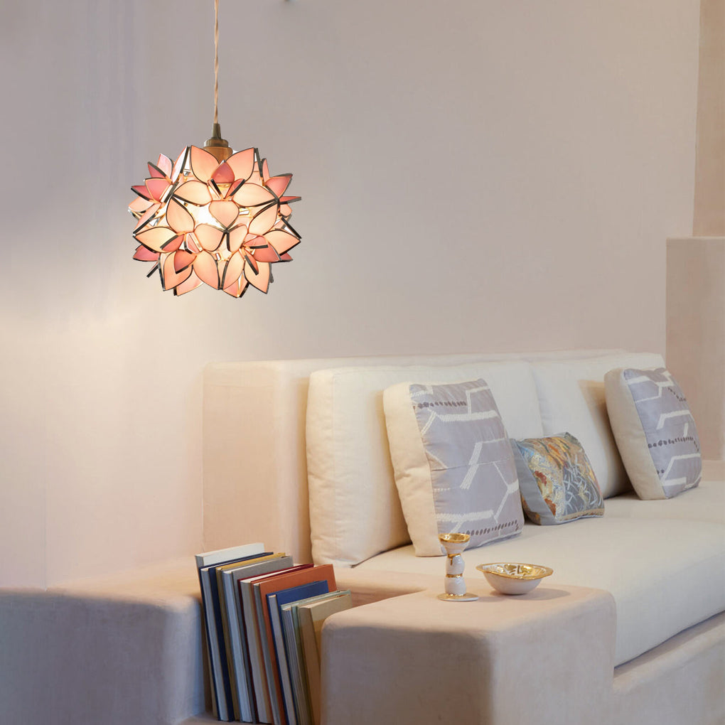 Romantic Glass Gardenia Petal LED Pendant Light French Style Floral Hanging Ceiling Lamp