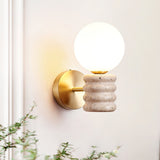 Romus Yellow Travertine Wall Sconce Modern Gold Bracket Light with White Glass Shade