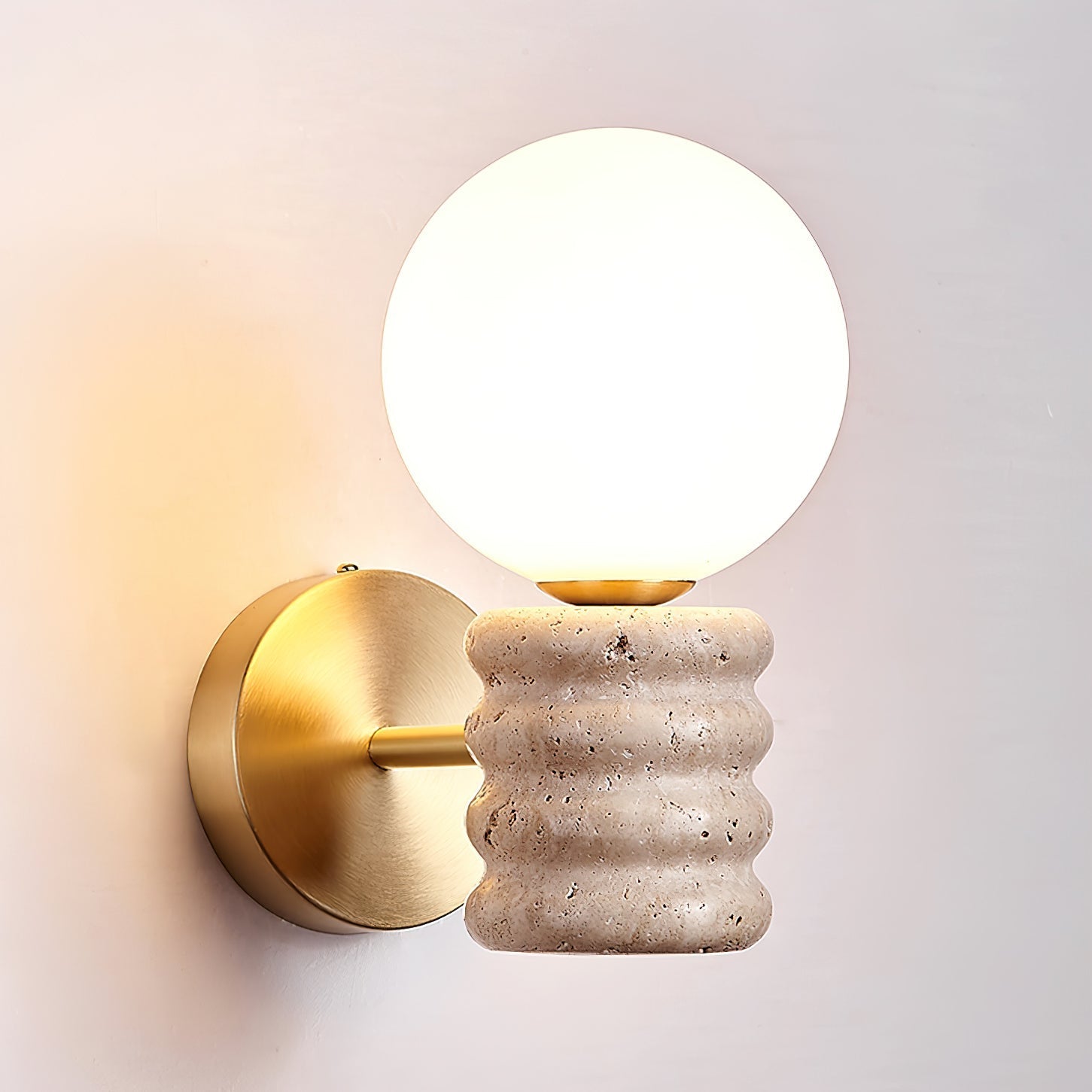 Romus Yellow Travertine Wall Sconce Modern Gold Bracket Light with White Glass Shade