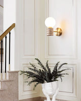 Romus Yellow Travertine Wall Sconce Modern Gold Bracket Light with White Glass Shade