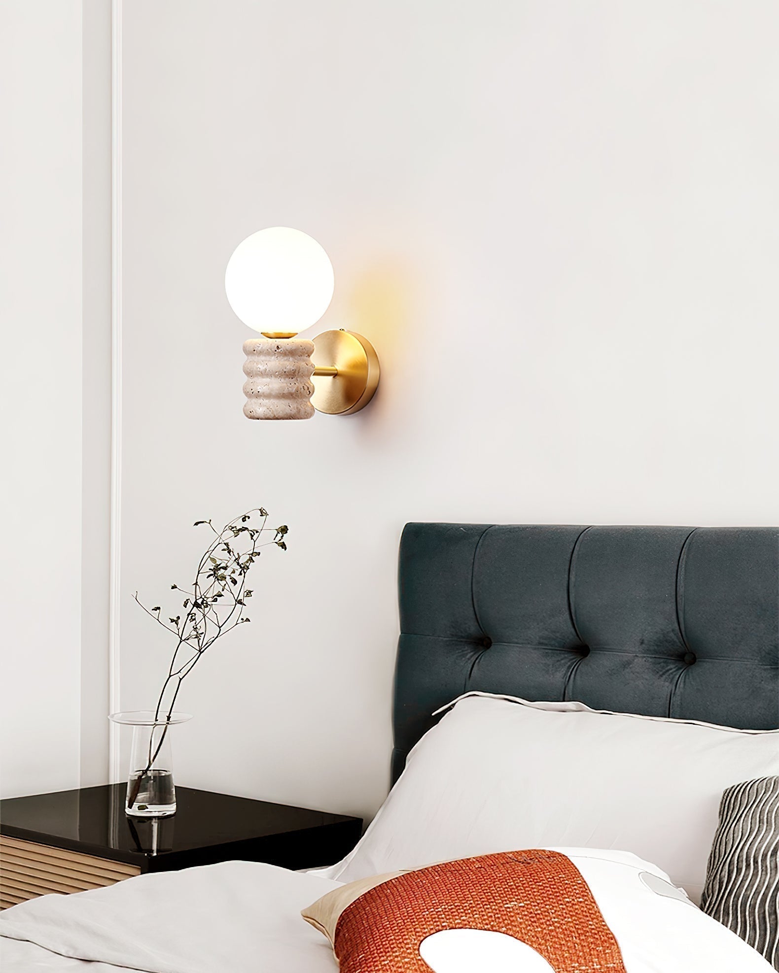 Romus Yellow Travertine Wall Sconce Modern Gold Bracket Light with White Glass Shade