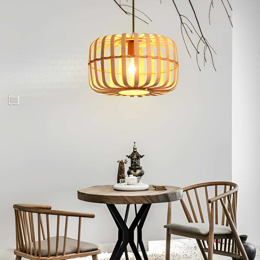 Round Rectangle Bamboo Bird Cage Pendant Light Natural Burlywood Hanging Ceiling Lamp