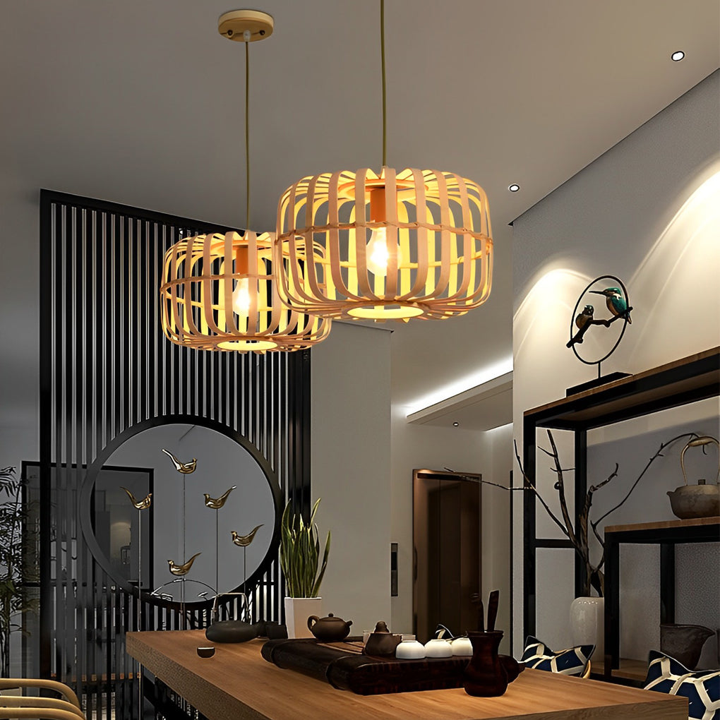 Round Rectangle Bamboo Bird Cage Pendant Light Natural Burlywood Hanging Ceiling Lamp